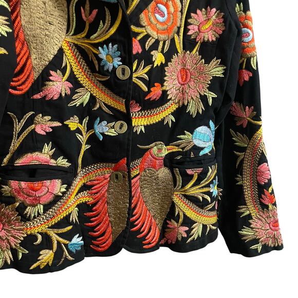 Paparazzi by BIZ Black Multicolor Floral Bird Embroidered Jacket Womens Small - Picture 3 of 7